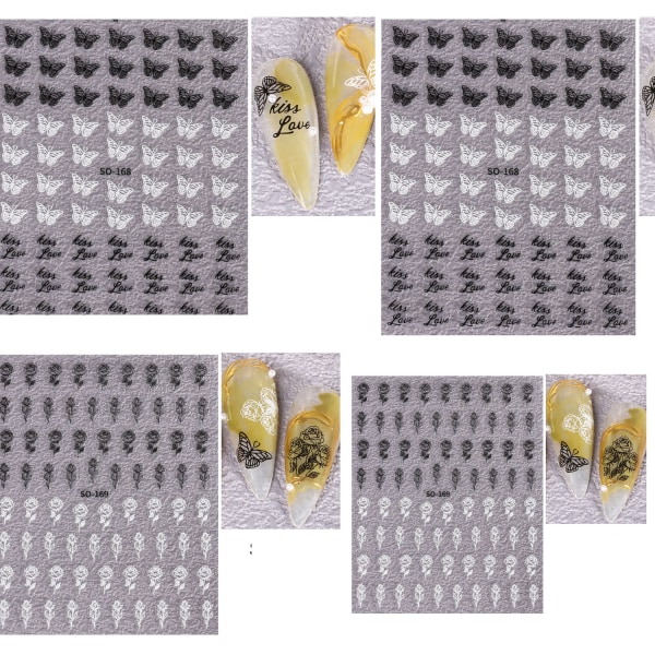 4 ark med nagelklistermärken (svarta och vita fjärilar)