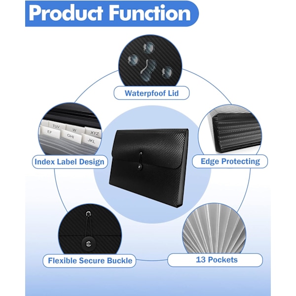 (Svart 3 st) Expanderbar mapp, 13 fack filorganisatör dragspelsmapp med elastiskt spänne, A4-pappersmapp eller