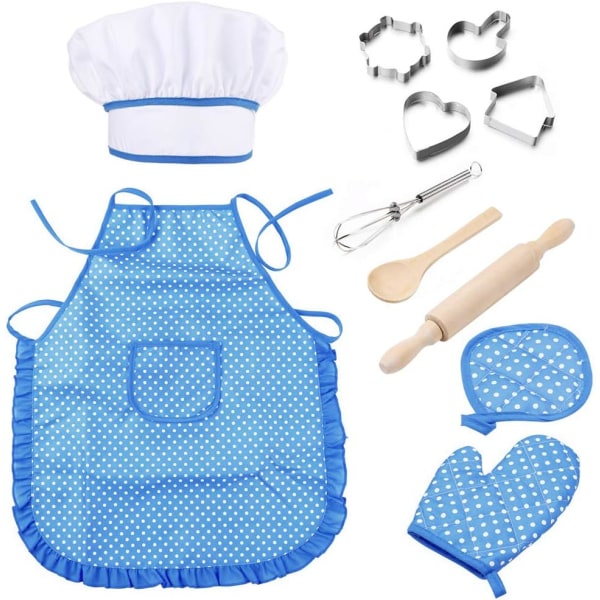 1 set blå kockkläder för barn, förkläde och kockmössa, etc. (11 stycken), köksleksak för barn