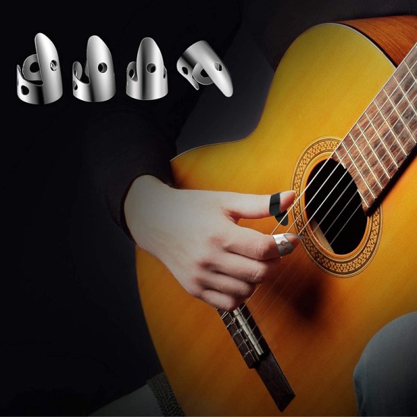 Set med 12 justerbara fingersängar inklusive 8 fingersängar i rostfritt stål och 4 plastsängar för gitarrharpabas och ukulele