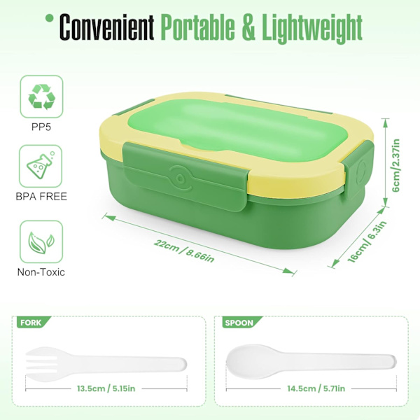 Grön Bento Box Lunchlåda för Vuxna/Barn, 1300ml Läckagesäker Bento