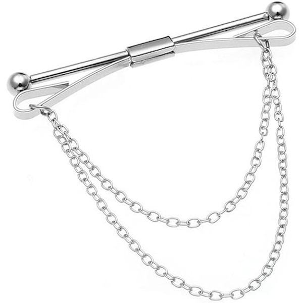 Halsbandsklämma för män (med kedja, silver), skjorthalsbandsklämma för pojkar, slipsnål