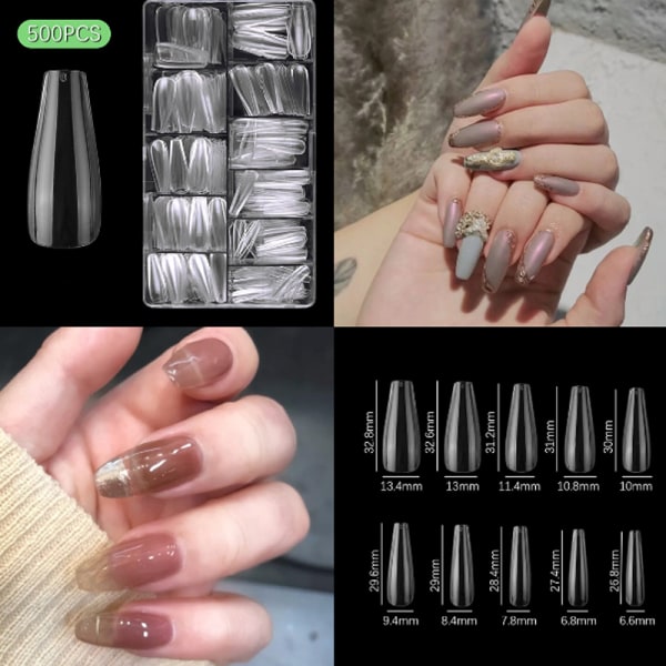 Fake Nails, 500 bitar Akryl Nagelkapslar Klara naglar