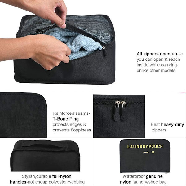 Svart resväskeorganisatör för resor, komplett set med olika packningskuber Wate