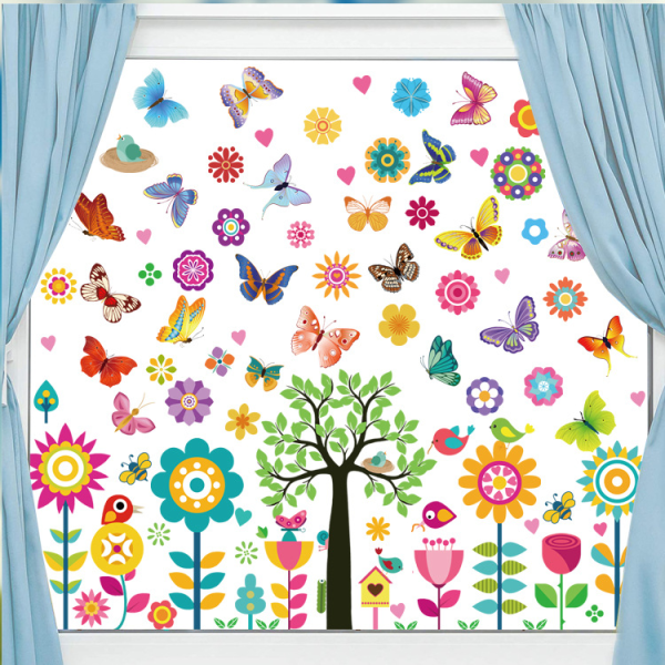 Vårens fönsterklistermärken Storlek Fönsterklistermärken Blommor Anti-kollisionsfjärilsklistermärken för barnrum Glasfönster Vårdeco