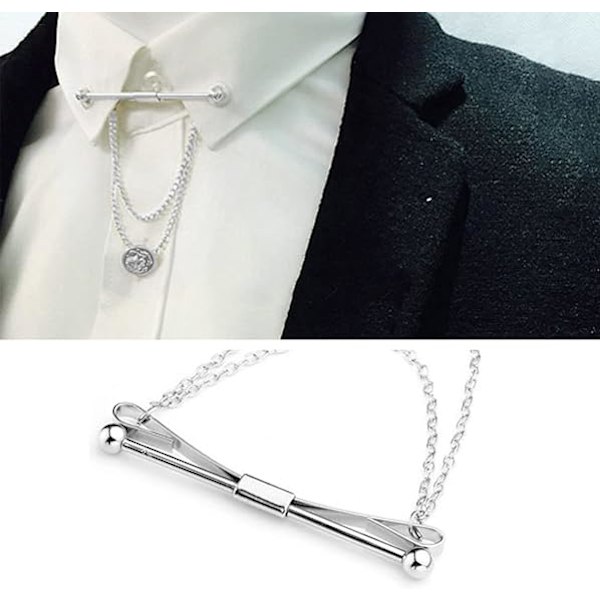 Halsbandsklämma för män (med kedja, silver), skjorthalsbandsklämma för pojkar, slipsnål