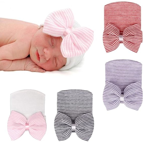 4 stk. Baby Turban Hat Nyfødt Hat Sløyte Søt Elastisk Sommerfugl Barn Hat Egnet for Nyfødte Babyer