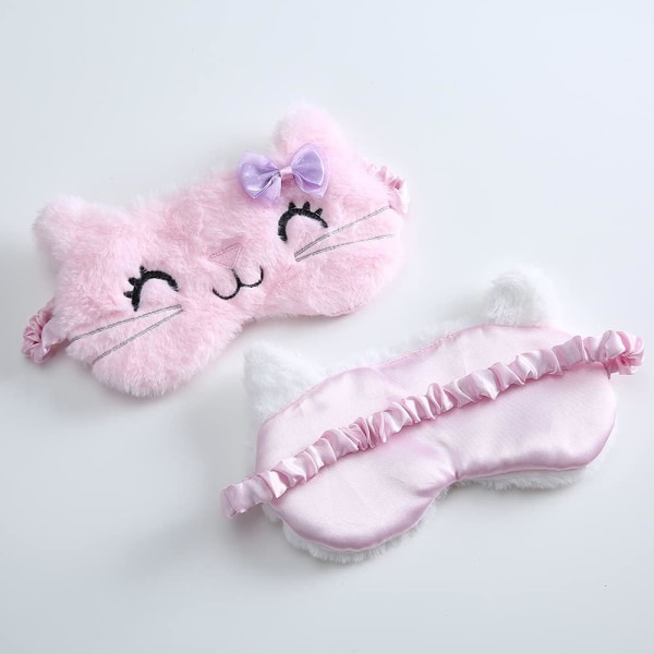 (Katt vit + rosa) 2ST Plysch tecknad ögonmask för att sova, söt