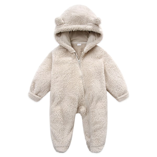 (Beige) Nyfödd Onesie Huvtröja Fleece Onesie Långärmad Onesie Ytterkläder Set