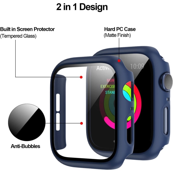 （Nattblå）Fodral Kompatibelt med Apple Watch 44MM, 2 i 1 Skydd PC Härdning Fodral och HD Härdat Glas