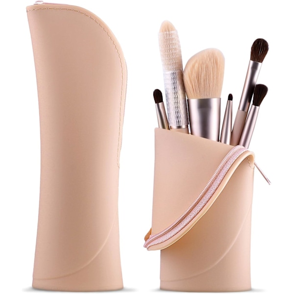 (Khaki) 1pc Makeup Brush Holder Silicone Makeup Brush Storage Box Travel Makeup Brush Bag Makeup Brush Case Sm