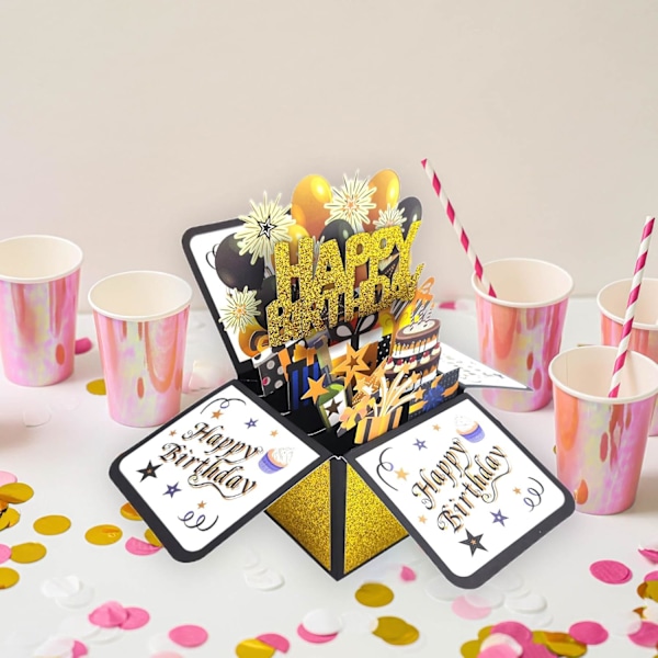 (Hyvää syntymäpäivää - Kulta) 3D Hyvää syntymäpäivää -kortti, Paper Pop-up syntymäpäiväkortti Onnittelukortti tyhjällä kortilla ja E