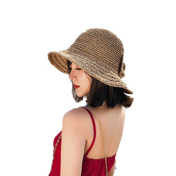 (Khaki) 1 st Fällbar Bred Brätte Mjuk Halm Strand Solhatt, Dam Bowknot Sommarhatt med Justerbar