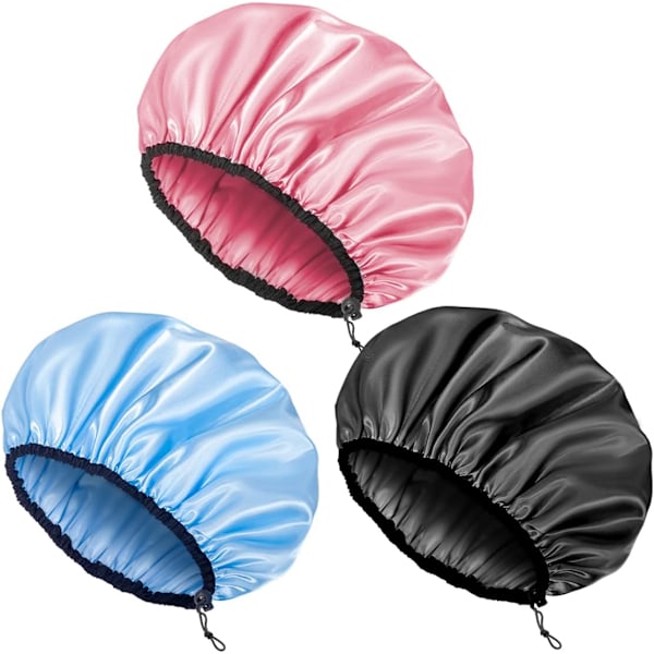 （pink+blue+black）3 Colors Shower Cap for Women, Adjustable Reusable, Extra Large, Double-L