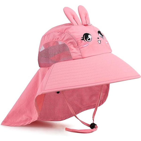 (Pink Bunny) 1pcs Kids Sun Hat UPF 50+ Boys Girls Protective Hat Wide Brim Beach Hat with Mesh and A