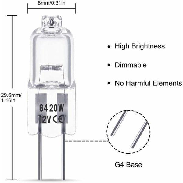 Paket med 10 halogenlampor G4, 12V 20W, Varmvit 3000K, 350LM, Di