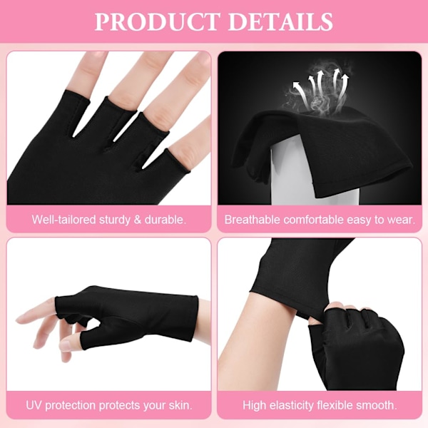 UV-beskyttelseshandsker til gelnegle - Sorte, 2 par UV-beskyttelseshandsker til manicure, Anti-UV-handsker f