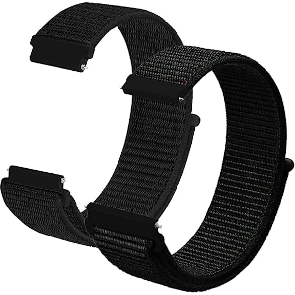 (Black 20mm) 2 Adjustable Nylon Watch Strap Replacement Straps with Stainless Steel Buckle for Smart Watch