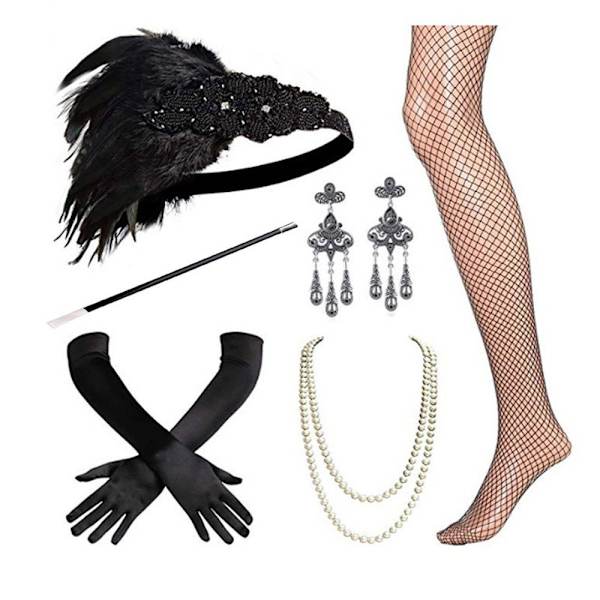 Kvällshandskar fjäderhår, huvudbonad, halsband, handskar, rökpinnar, 7 delar