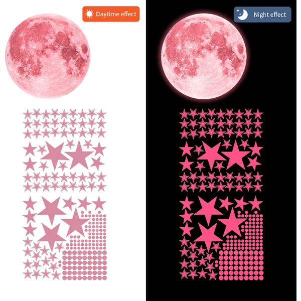 Rosa självlysande stjärnor för tak, självlysande stjärnor och månväggdekaler, takstjärnor lyser i mörkret barn
