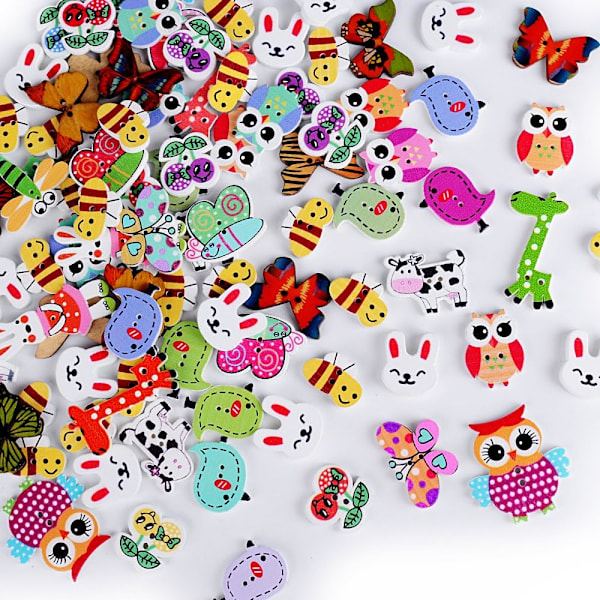 100 Assorted Wooden Animal Buttons with 2 Holes for Costume Sewing DIY Albums and Scrapbooks