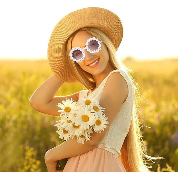 1 Par Retro Daisy Solglasögon Söt Blomma Runda Solglasögon Plastbåge UV-skydd för kvinnor Sommar Strandtillbehör