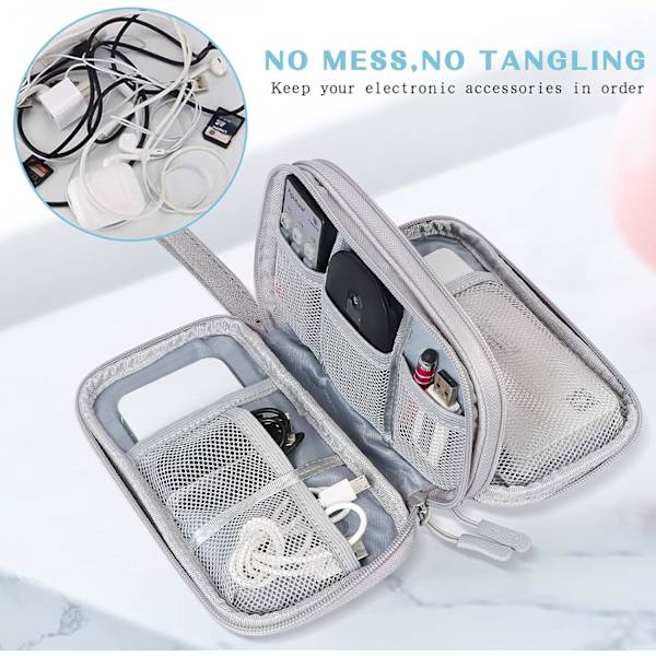 Elektronikk Tilbehør Organizer Bag - grå, Dobbeltlags Reisekabel Organizer Bag Pouc