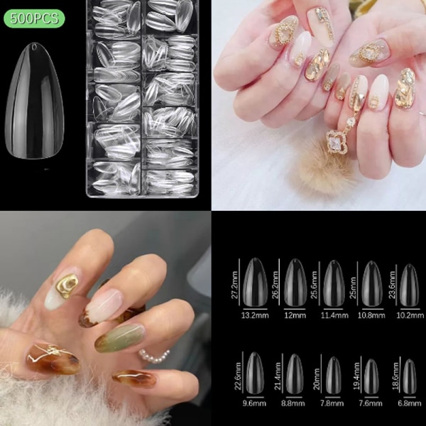 Fake Nails, 500 bitar Akryl Nagelkapslar Klara naglar