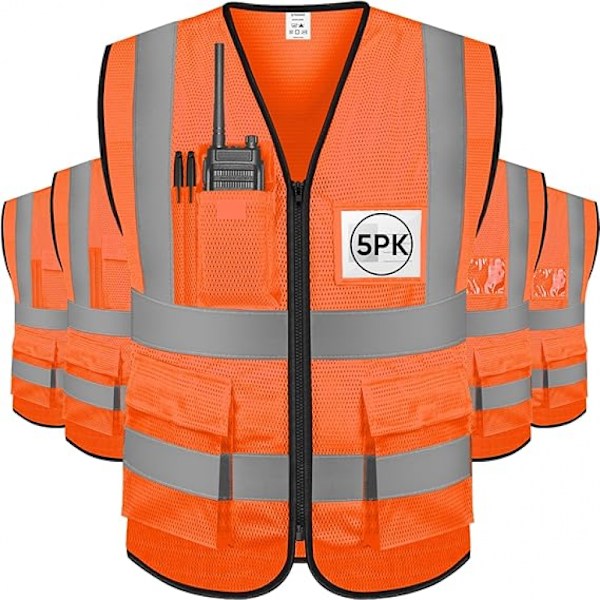 5 Pcs Reflective Safety Vest(Fluorescent Orange, Only vest) M Size High Visibility Class II Mesh Vest