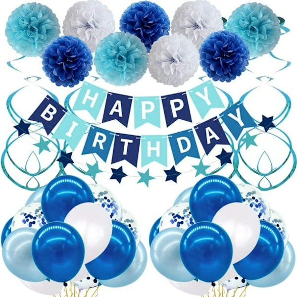 Birthday Party Decorations for Boy Girl Men Women, Blue Birthday Party Supplies with Happy Birthday Banner, Confetti Balloons for