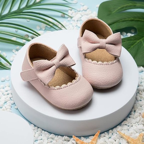 (Pink) Baby Girls Mary Jane Flat Bow Non-slip Soft Sole Princess Toddler Shoes Sports Shoes Wedding Shoes