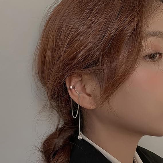 925 Sterling Silver No Piercing Cuff Örhängen Kedja för Kvinnor Tee
