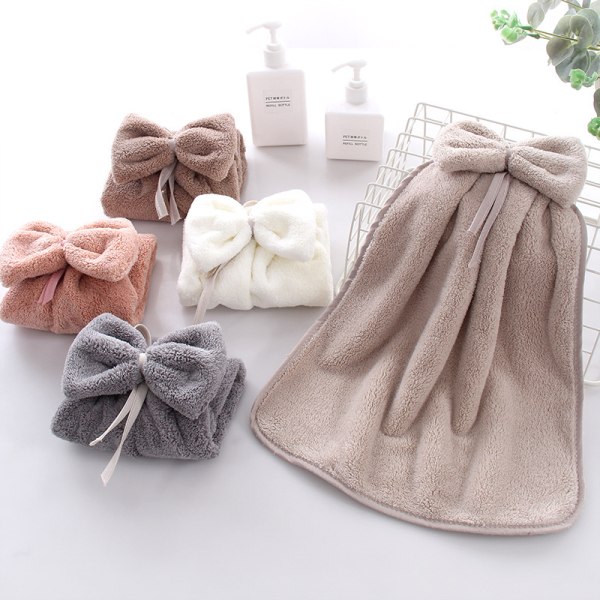 3-pack bow-knot hanging dry towels, microfiber coral fleece hand towel hanging rings, absorbent supe