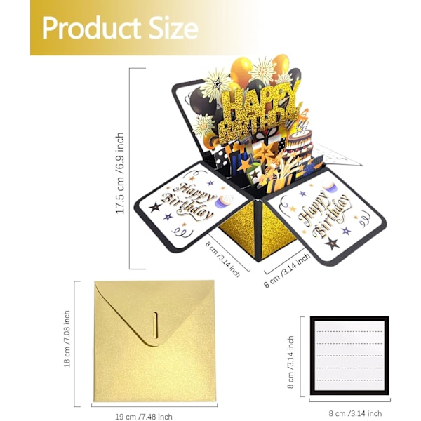(Hyvää syntymäpäivää - Kulta) 3D Hyvää syntymäpäivää -kortti, Paper Pop-up syntymäpäiväkortti Onnittelukortti tyhjällä kortilla ja E
