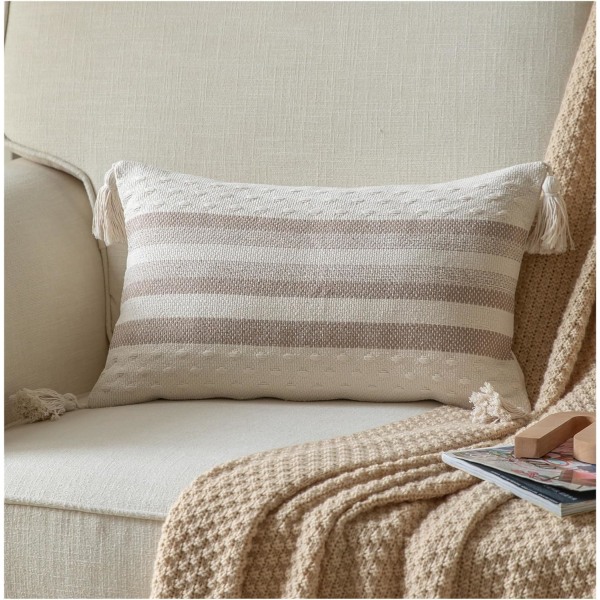 Dekorativa kuddfodral 30x50cm, neutrala kuddar för säng, kuddfodral med tofsar för modern bondgårdssoffa vardagsrum utomhuskudde, 1-pack, beige med taupe-linje