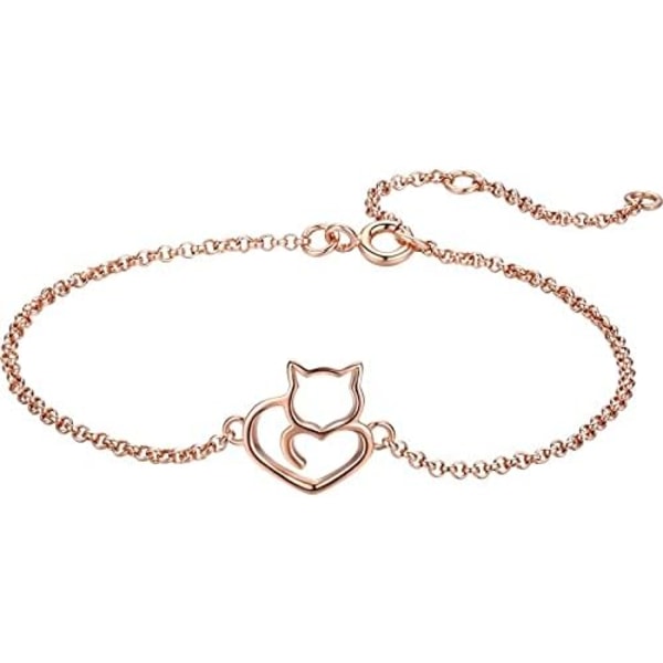 (Rosaguld) 925 Sterling Sølv Kæde Armbånd med Kat Hjerte Charm Justerbar Guldbelagt Armbånd, Kæde Længde 6.5\" - 7.9\", Bes