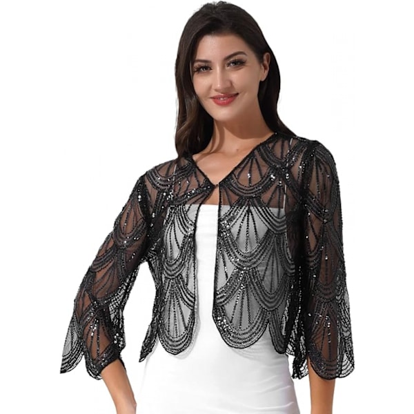 Kvinners Vintage Kortede Svart Topp Bryllupsfest Brud Cardigan Lang Arm Blonder Vest Kort Cape