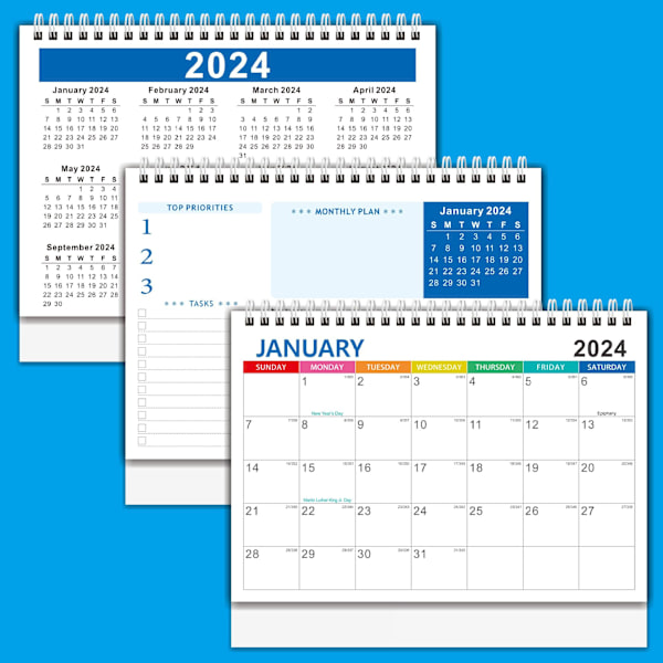 （vit）Stor skrivbords kalender - Engelsk kalender 2024 Skrivbords kalender Flip kalender för skrivbord, Stabil metall