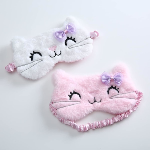 (Katt vit + rosa) 2ST Plysch tecknad ögonmask för att sova, söt