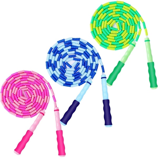 3-Piece Kids Skipping Rope, Blue, Green and Pink, 2.8m Soft Beaded Skipping Rope, Adjustable Length