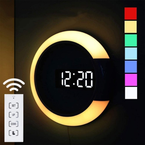 Väggklocka digital klocka med fjärrkontroll lyser flerfärgad atmosfär