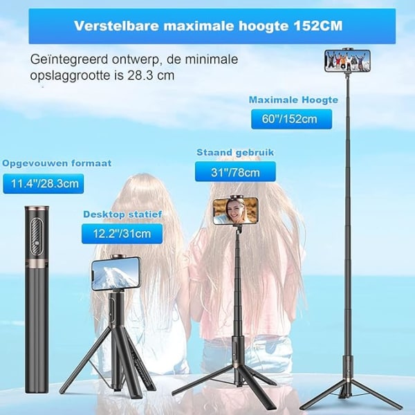 152cm Mobiltelefon Selfie Stick, utdragbart stativ, vridbart, Fl