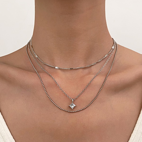 Boho Layered Cz Crystal Halsband Silver Square Solitaire hänge
