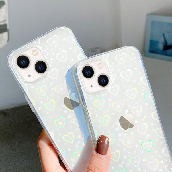 iPhone 14 Etuier Krystalklart Sødt Holografisk Hjertemønster til Kvinder Piger Transparent Fashion Glitter Silic