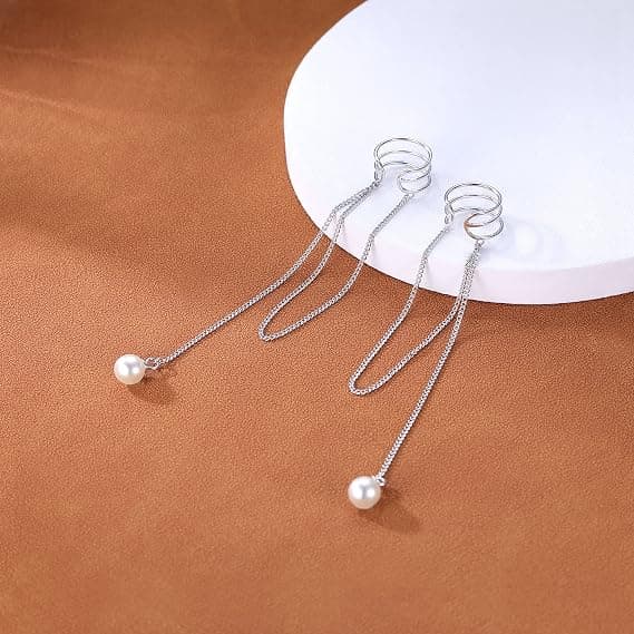 925 Sterling Silver No Piercing Cuff Örhängen Kedja för Kvinnor Tee