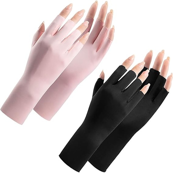 (Rosa och svart) 2 par dam fingerlösa handskar sommar UV-skyddshandskar svala is silkeshandskar