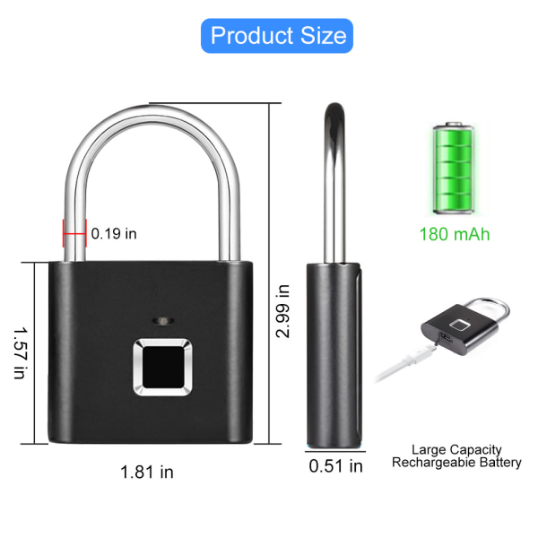 Hänglås med fingeravtryckslås USB-laddning