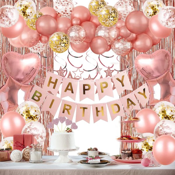 1 set roséguld födelsedagsfestdekorationer, grattis på födelsedagen, roséguld fransgardin, hör