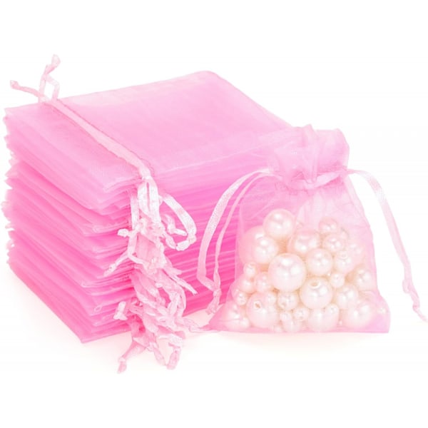 100 Pcs Pink Organza Gift Pouches, 7x9 CM Small Organza Favour Bags, Wedding Jewelry Bags, Clear Mesh Pouches Perfect