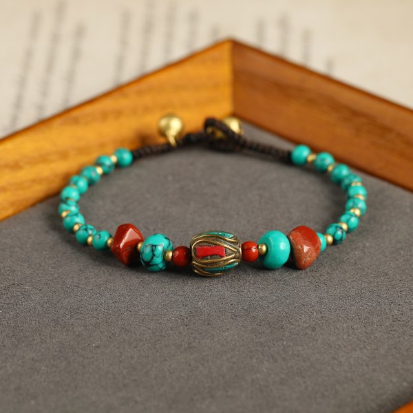 Tibetanskt armband för kvinnor vintage stil naturliga vita jadepärlor färgade i turkos onyx antika kopparfärgade pärlor